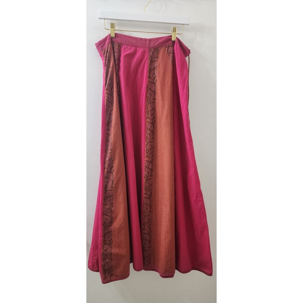 Fabindia Pink Rust Cotton Block Print Maxi Skirt Boho Tassel Pom Pom Size M